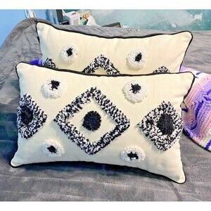 HPUK Black White Tufted Lumbar Pillows Set 2 Boho Textured 18x10